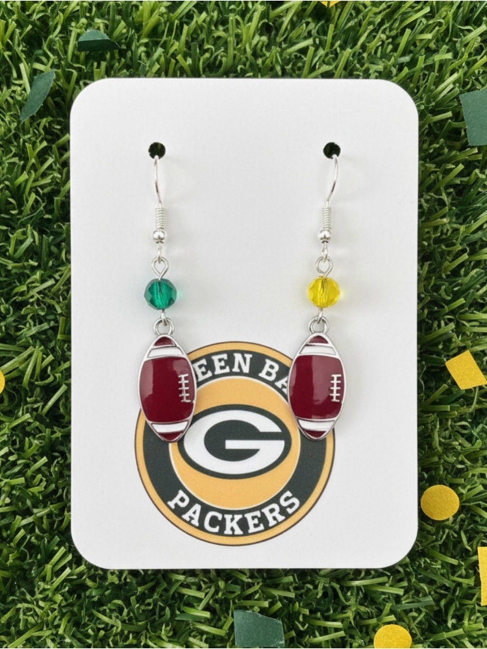 New Handmade "Green Bay Packers" Football Dangle Earrings (Version B)